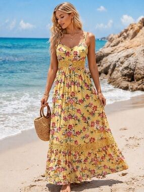Lily Yellow Floral Maxi Dress with Lace Waistband